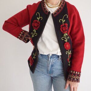 Vintage Christopher Banks Red Knit Floral Beaded 100% Wool Zip Up Sweater L